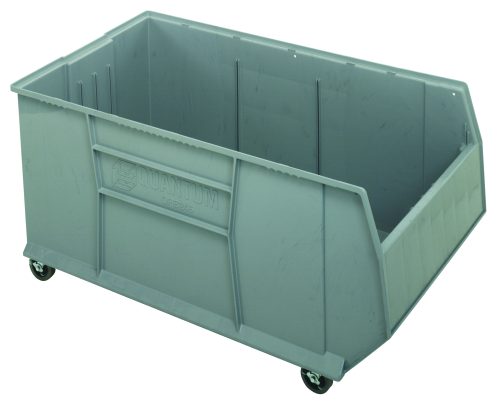 The Rackbin 42 Container is a gray, high-density polypropylene storage bin with casters and a scooped front design. Measuring 47-7/8L x 23-7/8W x 20-1/2H with a hefty 180 lbs. capacity, it features an (8) 1/4 drill pattern for drainage and air circulation, offering versatile organization. Made in the USA.