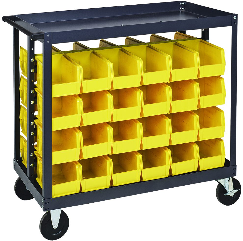 Gray steel mobile rail cart with yellow hang-and-stack bins on angled rails and a flat top