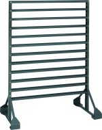 The Rail Rack is a double-sided storage solution with a 1500 lbs load capacity, measuring 36L x 20W x 53H. It features (12) rails for multiple bin configurations (bins sold separately) and sports an industrial gray design with sturdy triangular side braces.