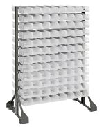 The galvanized steel Rail Rack, double-sided and measuring 36L x 20W x 53H with a load capacity of 1500 lbs, features a sturdy base and organizes items neatly. It includes 12 rails and 192 QUS220 clear bins, all arranged in a practical grid pattern.