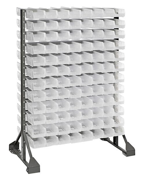 QRU-12D-220-192CL.jpg The galvanized steel Rail Rack, double-sided and measuring 36L x 20W x 53H with a load capacity of 1500 lbs, features a sturdy base and organizes items neatly. It includes 12 rails and 192 QUS220 clear bins, all arranged in a practical grid pattern.