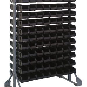 The Rail Rack is a double-sided, 36L x 20W x 53H galvanized steel storage unit with a 1500 lbs load capacity, featuring a grid of (12) rails and (192) Qus220 black bins for organizing small items.