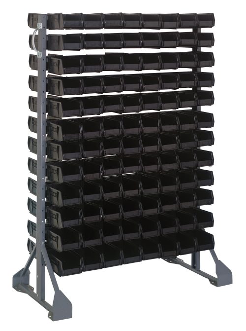 The Rail Rack is a double-sided, 36L x 20W x 53H galvanized steel storage unit with a 1500 lbs load capacity, featuring a grid of (12) rails and (192) Qus220 black bins for organizing small items.