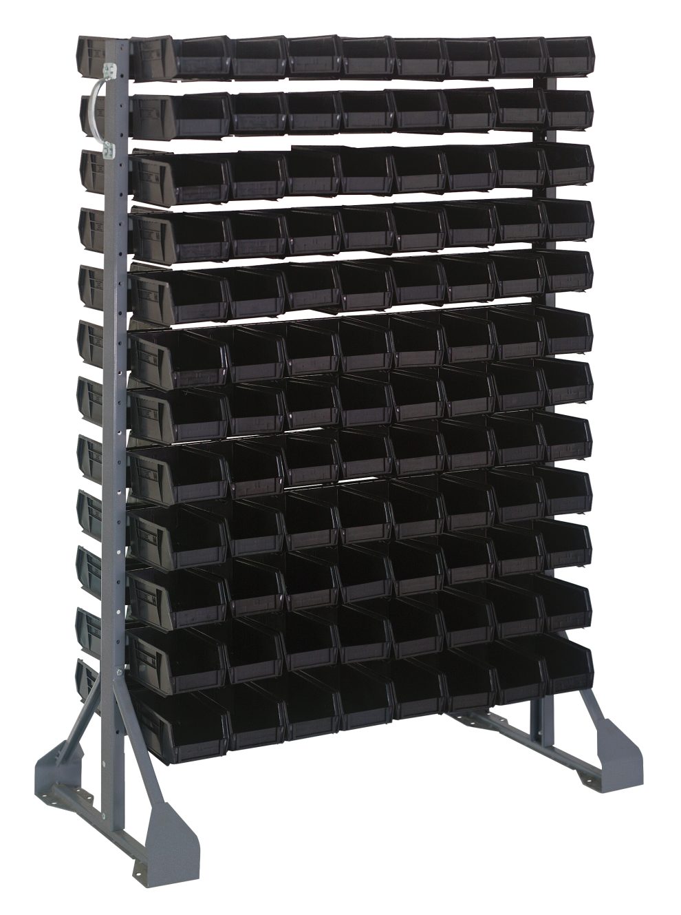 Double-sided rail system holding 192 black hang and stack bins