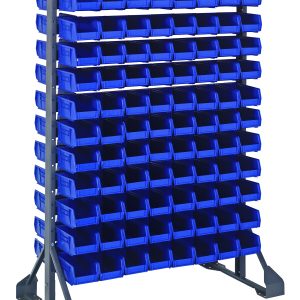 The Rail Rack is a double-sided, galvanized steel unit measuring 36L x 20W x 53H. It includes 12 rails and can support up to 1500 lbs, featuring 192 neatly arranged QUS220 blue bins on both sides and is supported by sturdy metal legs.