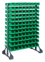 A freestanding double-sided rail rack, 36L x 20W x 53H, with a 1500 lbs load capacity, features 12 rails and houses 192 green QUS220 bins in a grid pattern. Made from galvanized steel, it is supported by sturdy metal legs.