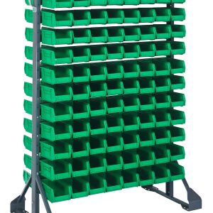 A freestanding double-sided rail rack, 36L x 20W x 53H, with a 1500 lbs load capacity, features 12 rails and houses 192 green QUS220 bins in a grid pattern. Made from galvanized steel, it is supported by sturdy metal legs.