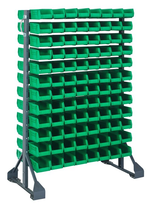 A freestanding double-sided rail rack, 36L x 20W x 53H, with a 1500 lbs load capacity, features 12 rails and houses 192 green QUS220 bins in a grid pattern. Made from galvanized steel, it is supported by sturdy metal legs.