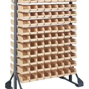 This double-sided rail rack, measuring 36L x 20W x 53H, is crafted from galvanized steel and includes 12 rails and 192 ivory Qus220 bins. With a load capacity of 1500 lbs, it offers a sturdy solution for organizing small parts or tools efficiently.