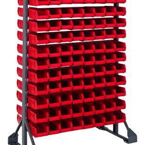 A double-sided rail rack measuring 36L x 20W x 53H with a galvanized steel frame has a load capacity of 1500 lbs. It includes (12) rails and holds (192) QUS220 red bins, each open at the front for easy access, ideal for organizing small items efficiently.