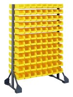 The Rail Rack is a double-sided freestanding storage unit, measuring 36L x 20W x 53H, with 192 yellow plastic bins on galvanized steel racks and a load capacity of 1500 lbs for organizing small items.
