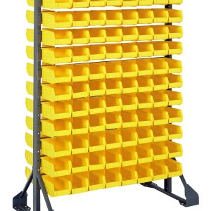 The Rail Rack is a double-sided freestanding storage unit, measuring 36L x 20W x 53H, with 192 yellow plastic bins on galvanized steel racks and a load capacity of 1500 lbs for organizing small items.