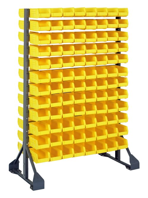 QRU-12D-220-192_YL.jpg The Rail Rack is a double-sided freestanding storage unit, measuring 36L x 20W x 53H, with 192 yellow plastic bins on galvanized steel racks and a load capacity of 1500 lbs for organizing small items.