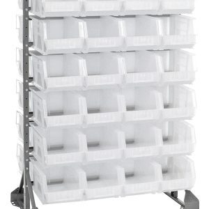 A double-sided, galvanized steel rail rack measures 36L x 20W x 53H with a 1500 lbs load capacity. It features (12) rails and (48) QUS240 clear bins with open fronts for easy access, displayed to show side and front views.
