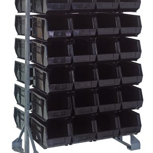 The Rail Rack, measuring 36L x 20W x 53H, is crafted from galvanized steel. It includes 12 rails and 48 Qus240 black bins arranged in five columns and six rows. Designed for small item organization, its double-sided structure supports up to 1500 lbs with bins that tilt forward for easy access.
