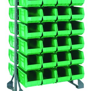 A 36L x 20W x 53H Rail Rack with a 1500 lbs load capacity includes a sturdy metal frame and holds 48 bright green Qus240 bins in galvanized steel. Its double-sided design features open fronts for easy access, maximizing space and utility.