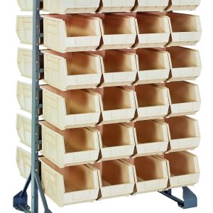The 36L x 20W x 53H double-sided Rail Rack features a galvanized steel frame with strong support for (48) Qus240 ivory bins on (12) rails, open at the front for easy access and an impressive load capacity of 1500 lbs, making it a perfect storage solution.