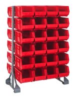 The Rail Rack is a double-sided galvanized steel stand, 36L x 20W x 53H, with a 1500 lbs load capacity. It includes 12 rails and holds four rows of vibrant Qus240 red bins, five per row, open at the front for easy access and perfect for organizing small parts or tools.