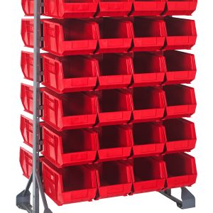The Rail Rack is a double-sided galvanized steel stand, 36L x 20W x 53H, with a 1500 lbs load capacity. It includes 12 rails and holds four rows of vibrant Qus240 red bins, five per row, open at the front for easy access and perfect for organizing small parts or tools.