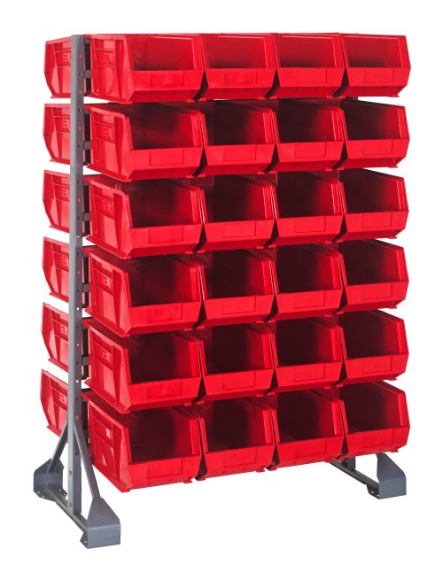 QRU-12D-240-48_RD.jpg The Rail Rack is a double-sided galvanized steel stand, 36L x 20W x 53H, with a 1500 lbs load capacity. It includes 12 rails and holds four rows of vibrant Qus240 red bins, five per row, open at the front for easy access and perfect for organizing small parts or tools.