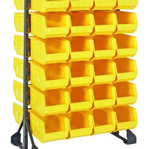 The Rail Rack features a galvanized steel frame measuring 36L x 20W x 53H, with four columns and six rows of QUS240 yellow bins, each open at the front for easy access. It includes 12 rails, supports up to a 1500 lbs load capacity, and comes with 48 plastic storage bins.