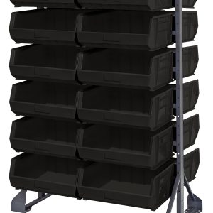The Double-Sided Rail Rack, measuring 36L x 20W x 53H with a 1500 lbs load capacity, features a robust galvanized steel frame and includes 12 rails plus 24 QUS250 black bins that are open at the front for easy access.