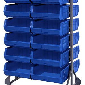 A double-sided Rail Rack, measuring 36L x 20W x 53H and made of galvanized steel, features a 1500 lbs load capacity. It includes 12 rails and is stacked with 24 blue Qus250 bins that are open at the front for easy access, perfectly suited for storage or industrial use.