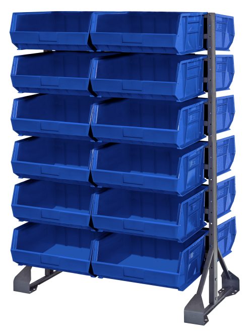 QRU-12D-250-24_BL.jpg A double-sided Rail Rack, measuring 36L x 20W x 53H and made of galvanized steel, features a 1500 lbs load capacity. It includes 12 rails and is stacked with 24 blue Qus250 bins that are open at the front for easy access, perfectly suited for storage or industrial use.