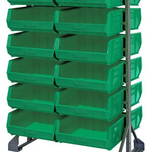 A double-sided 36L x 20W x 53H galvanized steel rail rack, with a load capacity of 1500 lbs, holds 24 upward-angled QUS250 green bins in four columns and several rows on 12 rails for easy access.