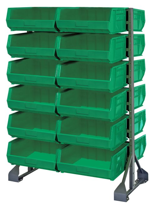 A double-sided 36L x 20W x 53H galvanized steel rail rack, with a load capacity of 1500 lbs, holds 24 upward-angled QUS250 green bins in four columns and several rows on 12 rails for easy access.