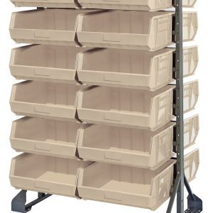 The double-sided Rail Rack features 24 ivory Qus250 bins open at the front, stacked vertically on a galvanized steel frame measuring 36L x 20W x 53H, with a sturdy base and a capacity of 1500 lbs.