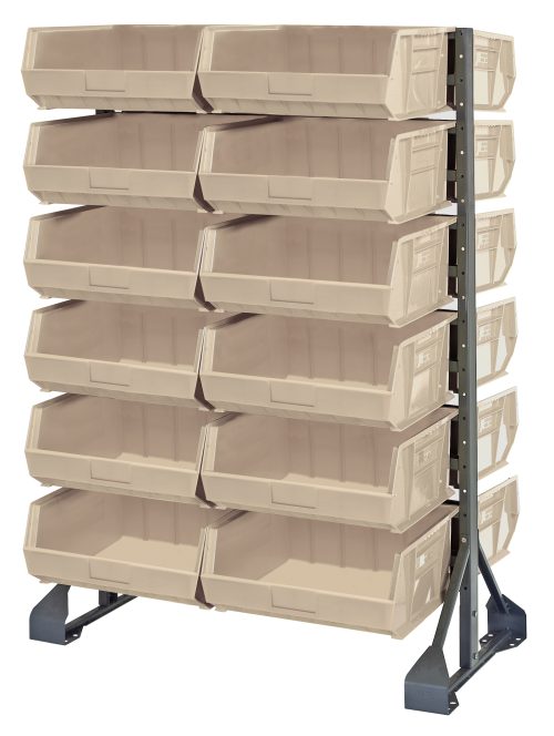 The double-sided Rail Rack features 24 ivory Qus250 bins open at the front, stacked vertically on a galvanized steel frame measuring 36L x 20W x 53H, with a sturdy base and a capacity of 1500 lbs.