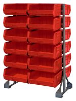 This Rail Rack features a galvanized steel frame with twelve vibrant red Qus250 bins, arranged in three columns and four rows, providing efficient organization. The double-sided unit measures 36L x 20W x 53H and includes 24 bins supported by sturdy rails with a load capacity of 1500 lbs.