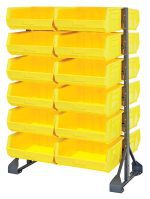 This double-sided rail rack, measuring 36L x 20W x 53H, has a 1500 lbs load capacity and includes 12 rails and 24 QUS250 yellow bins. Made of galvanized steel, it offers easy access to stored items.