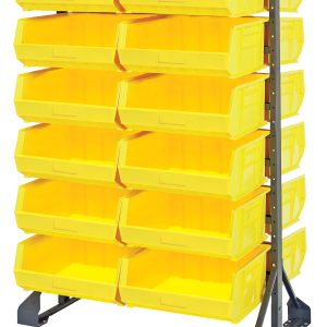This double-sided rail rack, measuring 36L x 20W x 53H, has a 1500 lbs load capacity and includes 12 rails and 24 QUS250 yellow bins. Made of galvanized steel, it offers easy access to stored items.
