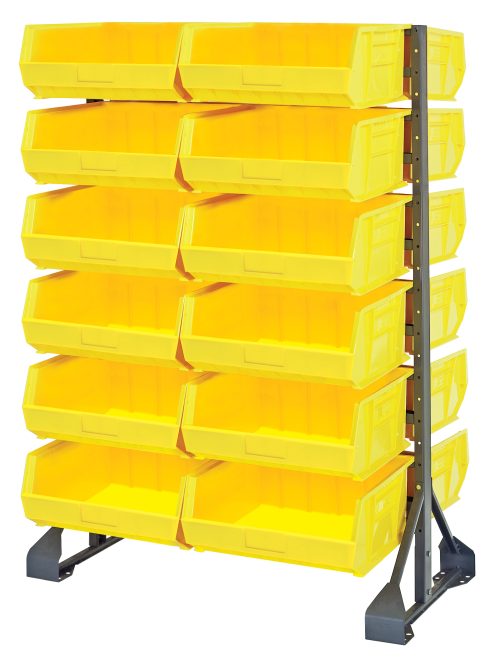 This double-sided rail rack, measuring 36L x 20W x 53H, has a 1500 lbs load capacity and includes 12 rails and 24 QUS250 yellow bins. Made of galvanized steel, it offers easy access to stored items.
