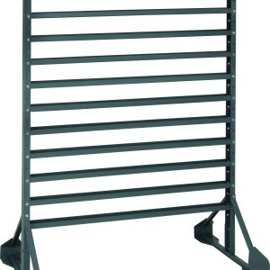 The Rail Rack is a double-sided storage solution with a 1500 lbs load capacity, measuring 36L x 20W x 53H. It features (12) rails for multiple bin configurations (bins sold separately) and sports an industrial gray design with sturdy triangular side braces.