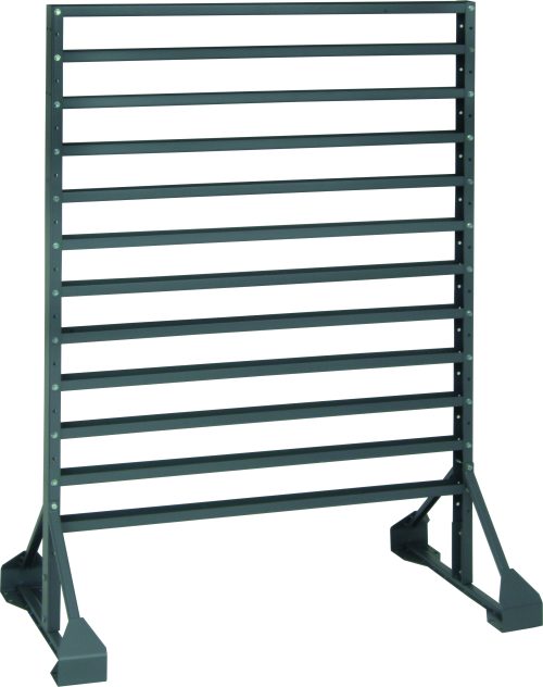 QRU-12D.jpg The Rail Rack is a double-sided storage solution with a 1500 lbs load capacity, measuring 36L x 20W x 53H. It features (12) rails for multiple bin configurations (bins sold separately) and sports an industrial gray design with sturdy triangular side braces.