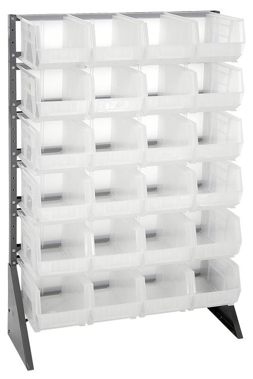 QRU-12S-240-24CL.jpg The Rail Rack, a single-sided storage system with a 600 lbs load capacity, includes 12 rails and 24 Qus240 clear bins in a freestanding design (36L x 15W x 53H) with a sturdy black metal and galvanized steel frame, perfect for organizing tools or small items.