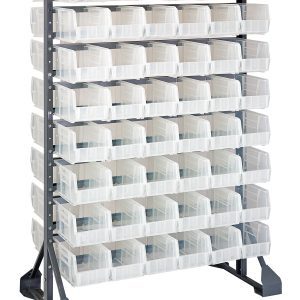 The Rail Rack is a double-sided storage solution made of galvanized steel, measuring 36L x 20W x 53H. It has a 1500 lbs load capacity with sturdy construction and includes 16 rails and 96 QUS230 clear bins, perfect for organizing small items efficiently.
