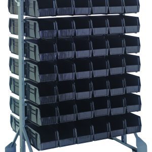 Introducing the Rail Rack: a double-sided shelving unit made from galvanized steel, measuring 36L x 20W x 53H with a 1500 lbs load capacity. It includes adjustable feet and features 16 rails holding 96 open-front Qus230 black bins for efficient storage.