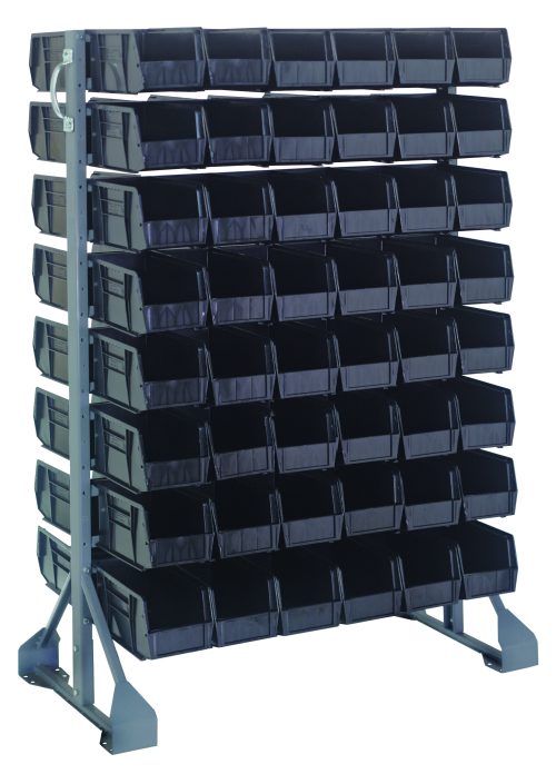 Introducing the Rail Rack: a double-sided shelving unit made from galvanized steel, measuring 36L x 20W x 53H with a 1500 lbs load capacity. It includes adjustable feet and features 16 rails holding 96 open-front Qus230 black bins for efficient storage.