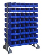 A double-sided rail rack measuring 36L x 20W x 53H includes 16 rails and holds 96 QUS230 blue bins in rows. Made of galvanized steel, it features a sturdy frame with wide supports and a load capacity of 1500 lbs.