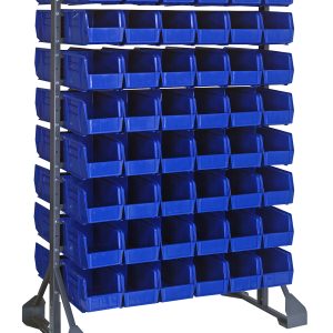 A double-sided rail rack measuring 36L x 20W x 53H includes 16 rails and holds 96 QUS230 blue bins in rows. Made of galvanized steel, it features a sturdy frame with wide supports and a load capacity of 1500 lbs.