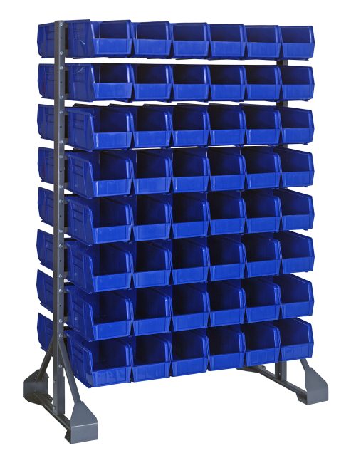 A double-sided rail rack measuring 36L x 20W x 53H includes 16 rails and holds 96 QUS230 blue bins in rows. Made of galvanized steel, it features a sturdy frame with wide supports and a load capacity of 1500 lbs.