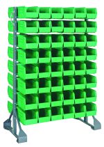 The Rail Rack is a double-sided, galvanized steel unit measuring 36L x 20W x 53H. It includes 16 rails and 96 QUS230 green bins, offering a load capacity of 1500 lbs. The rack stands on a stable base against a white background for clarity.