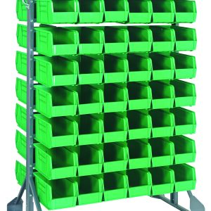 The Rail Rack is a double-sided, galvanized steel unit measuring 36L x 20W x 53H. It includes 16 rails and 96 QUS230 green bins, offering a load capacity of 1500 lbs. The rack stands on a stable base against a white background for clarity.