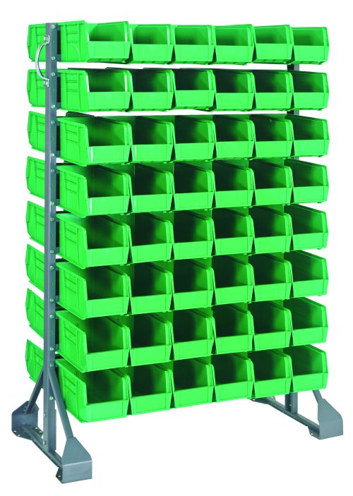 QRU-16D-230-96_GN.jpg The Rail Rack is a double-sided, galvanized steel unit measuring 36L x 20W x 53H. It includes 16 rails and 96 QUS230 green bins, offering a load capacity of 1500 lbs. The rack stands on a stable base against a white background for clarity.