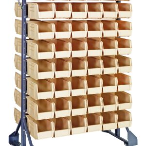 Introducing the Rail Rack, a double-sided shelving unit made from durable galvanized steel. It features 96 ivory bins arranged in eight rows and six columns for easy access, supported by a sturdy blue frame. Dimensions: 36L x 20W x 53H with a load capacity of 1500 lbs.