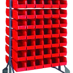 This double-sided rail rack measures 36L x 20W x 53H and includes 16 rails and 96 QUS230 red open-front bins for organizing small items. Made of galvanized steel, it has a sturdy base with a load capacity of 1,500 lbs for robust storage solutions.